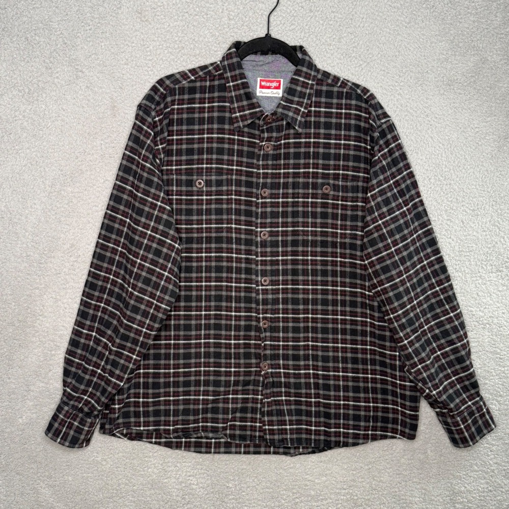 Wrangler Premium Quality Mens XL Plaid Button Down Shirt Black Grey Red HLP3CWA